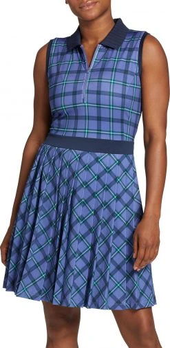 Lady Hagen Women's Pleated Sleeveless Golf Dress Clubhouse Plaid Blue