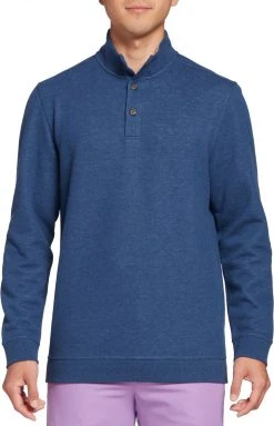 Walter Hagen Men's Pique Fleece Midweight Button Placket Golf Pullover Navy Heather