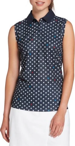Lady Hagen Women's Open Back Slit Sleeveless Golf Polo Mini Stars Dark Navy