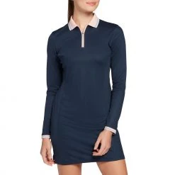 Lady Hagen Women's Ribbed Collar Pique Long Sleeve Golf Dress Navy