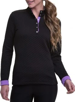 EP Pro Women's Long Sleeve Jacquard Snap Placket Golf Pullover Black Multi