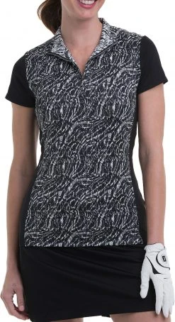 EPNY Women's Cap Sleeve Scrolling Snakeskin Print Golf Polo Black Multi