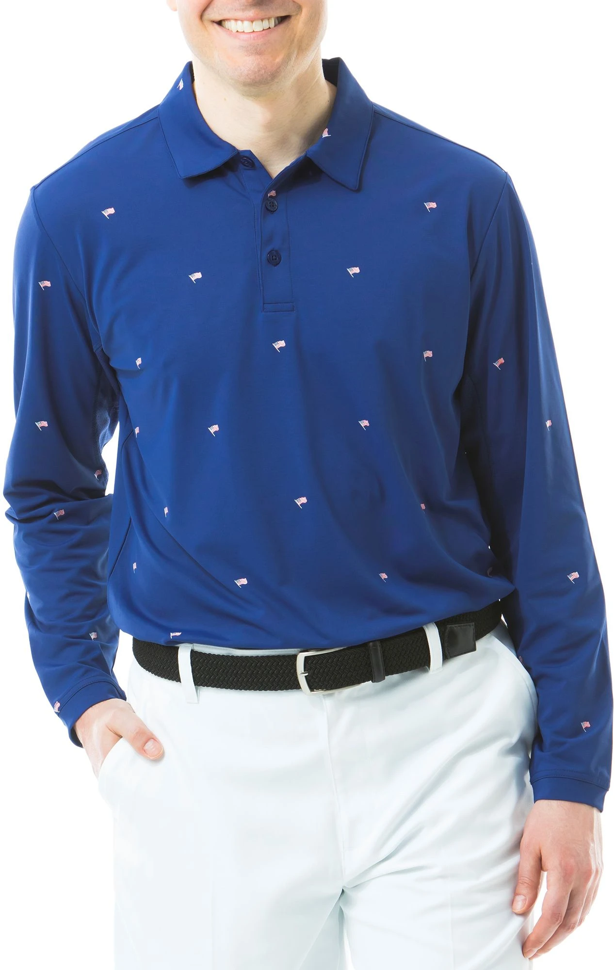 Sansoleil Men's Soltek Ice Long Sleeve Print Polo Flag Day Navy 3 Sansoleil Men's Soltek Ice Long Sleeve Print Polo Flag Day Navy