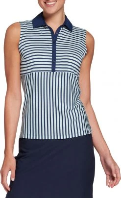 Lady Hagen Women's Striped Sleeveless Golf Polo Preppy Navy/mint