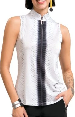 Jamie Sadock Women's Sleeveless Habu Print Mock Neck Golf Polo Sugar