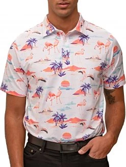 Waggle Men's Flamingo Sunset Golf Polo White/coral