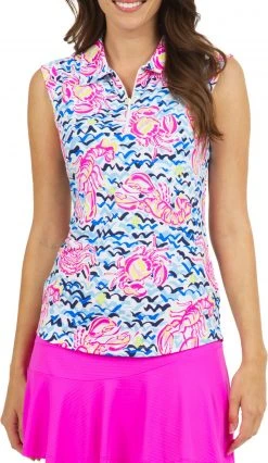 IBKUL Women's Sleeveless 1/4 Zip Limited Edition Bonnie Print Golf Polo Bonnie Hot Pink/yellow