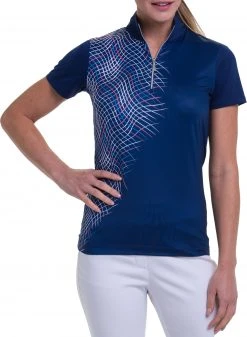 EPNY Women's Lattice Print Zip Mock Polo Inky Multi